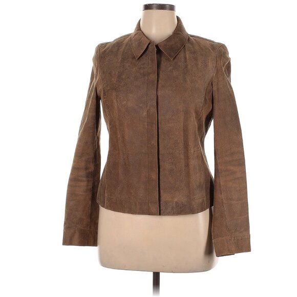 WORTH Womens Jacket 14 M Brown Distressed Leather Snap Classic Casual Overcoat - Picture 1 of 6